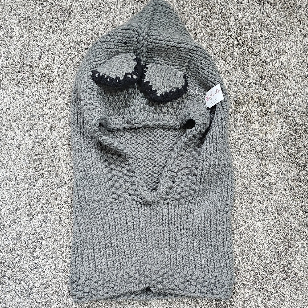 Gray Knit Hooded Scarf with Eyes